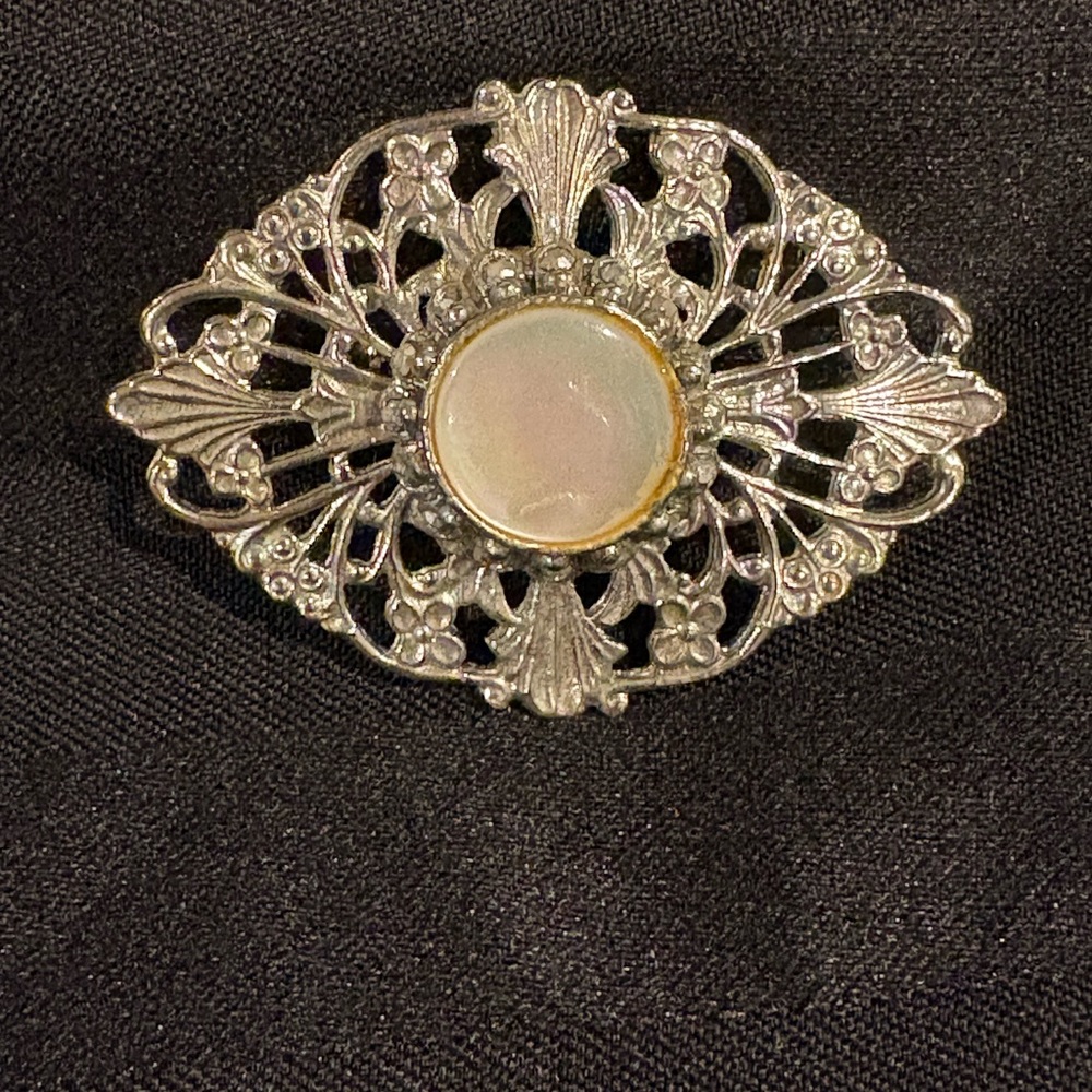 Filigree Silver-Tone Brooch with Pearlescent Center